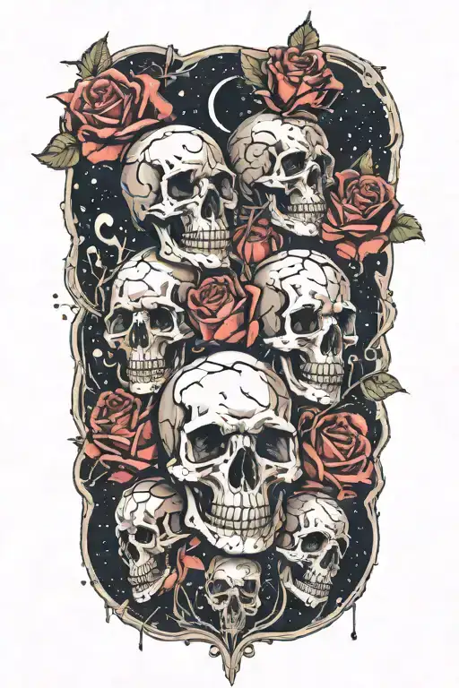 roses and skulls melting into space tattoo design idea