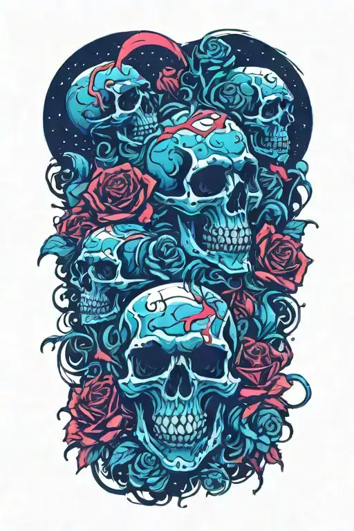 roses and skulls melting into space tattoo design idea