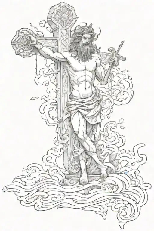cross, Poseidon, Water, greek mythology tattoo design idea