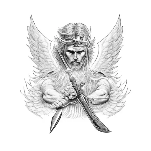 a guardian angel with a sword in his hand fighting the evil he watches from the heavens tattoo design idea