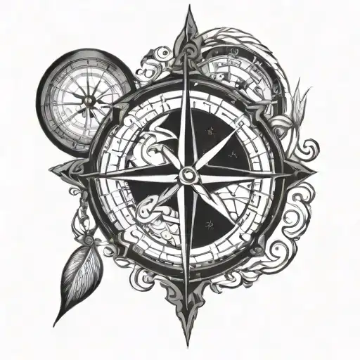a compass with the aries symbol at the center and virgo symbol on east and weat ans aquarius symbols on north and south tattoo design idea