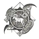 aries symbol in the center and a line crossing on the sides and up and down with virgo symbol abd aquarius symbol tattoo design idea