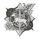 aries symbol in the center and a line crossing on the sides and up and down with virgo symbol abd aquarius symbol tattoo design idea