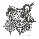 aries symbol in the center and a line crossing on the sides and up and down with virgo symbol abd aquarius symbol tattoo design idea