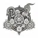 aries symbol in the center and a line crossing on the sides and up and down with virgo symbol abd aquarius symbol tattoo design idea