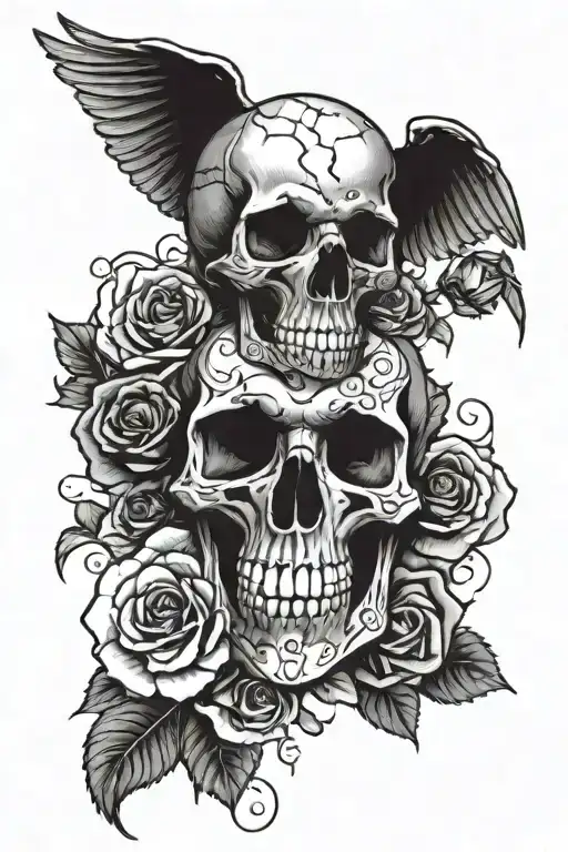 Create a tattoo with the image of a wing on the upper part of the forearm and this image must contain roses, skulls and  tattoo design idea