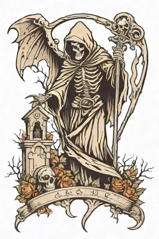 grim reaper in graveyard tattoo design idea