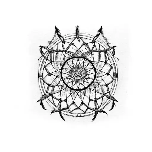 A dreamcatcher with fangs and yellow eyes in blackwork style tattoo design idea