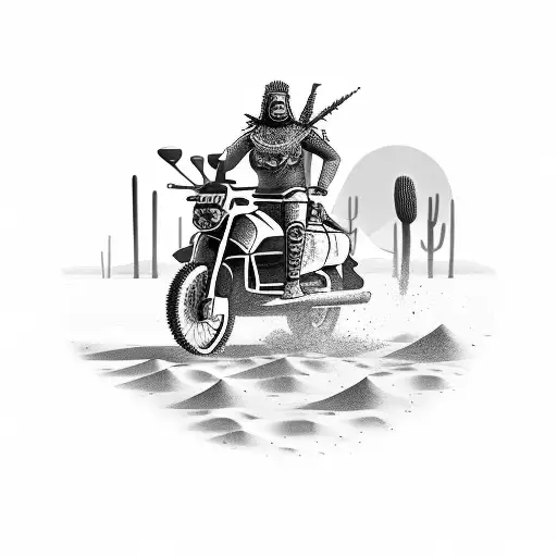 A Touareg warrior riding a motorcycle across a sandy desert, with a cactus oasis in the distance tattoo design idea