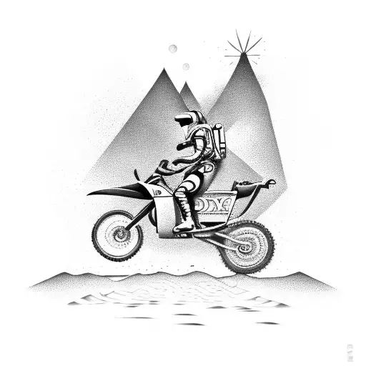 A surreal design of a Paris Dakar rally bike emerging from a sand dune tattoo design idea