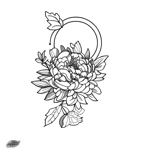 peonies with leafs and details around tattoo design idea