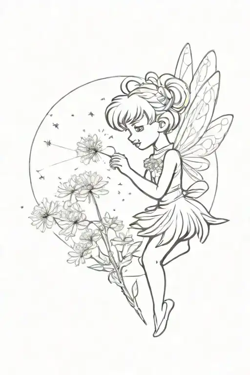 tinkerbell blowing a dandelion with a mickey silhouette  tattoo design idea
