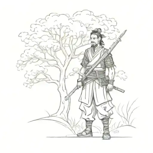 samurai standing under a tree ana peacock tattoo design idea