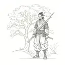 samurai standing under a tree ana peacock tattoo design idea