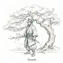 samurai standing under a tree ana peacock tattoo design idea