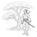 samurai standing under a tree ana peacock tattoo design idea