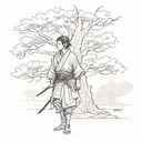 samurai standing under a tree ana peacock tattoo design idea