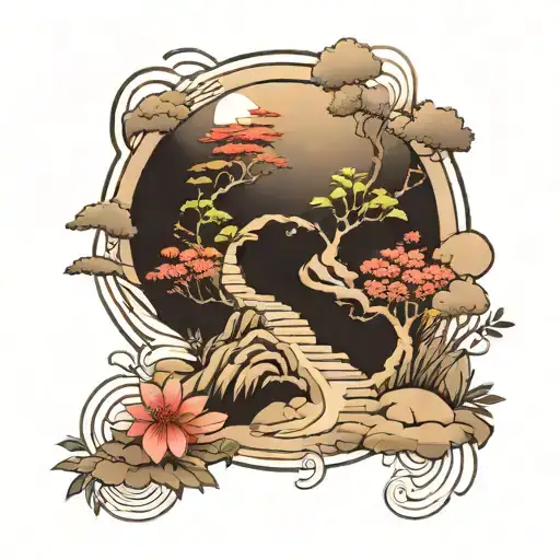 How about a design featuring a serene Zen garden with a pathway winding through it, symbolizing your journey of self-dis tattoo design idea