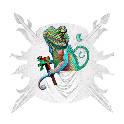 chameleon holding a crucifix tattoo design idea
