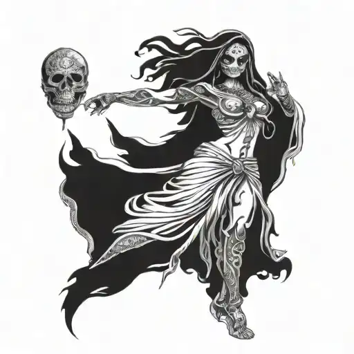 santa muerte full body with detailed shadows tattoo design idea
