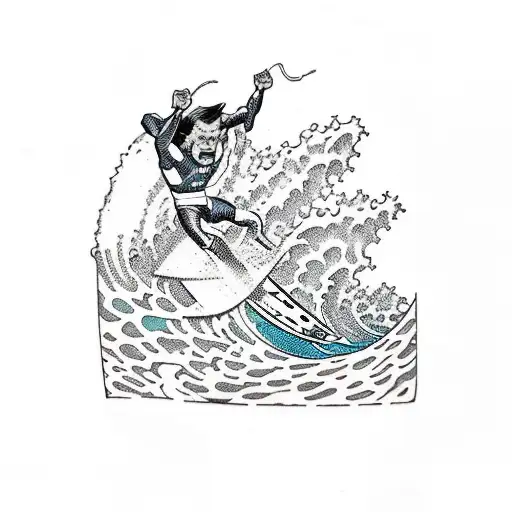 A surfer riding a massive wave with a comic book-style monster lurking beneath tattoo design idea