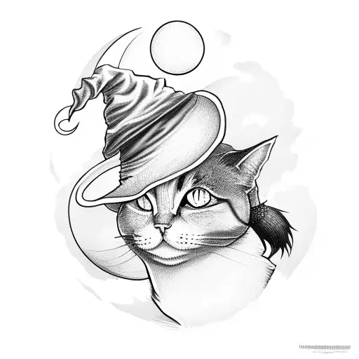 witch with hat and cat with the moon behind tattoo design idea
