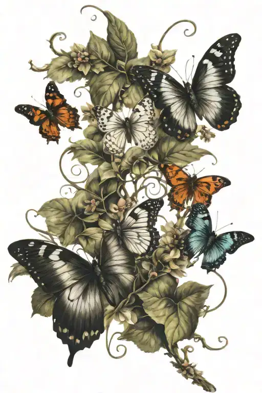  4 butterflies landing on a vine representing 4 children  tattoo design idea