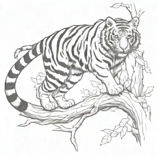 tiger climbing down tree branch tattoo design idea