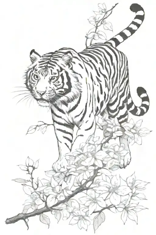 tiger climbing down chewy blossom branch  tattoo design idea