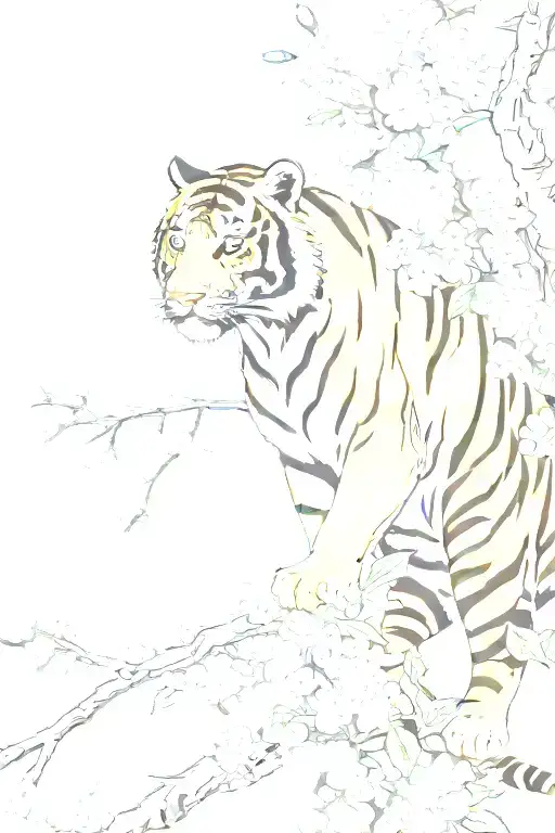 tiger climbing  down from the top of blossom branch tattoo design idea