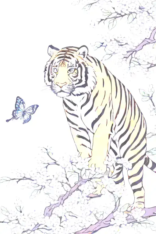 tiger climbing  down from the top of blossom branch tattoo design idea