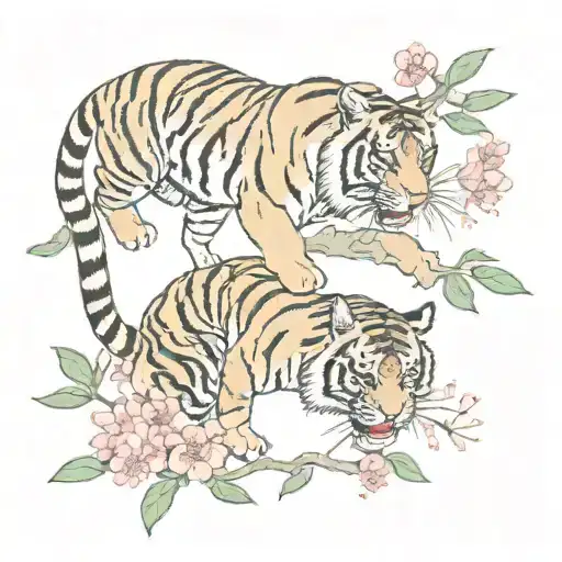 tiger climbing down chewy blossom branch  tattoo design idea