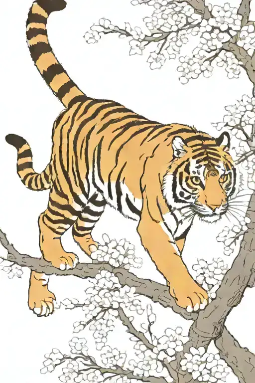 tiger climbing  down from the top of blossom branch tattoo design idea