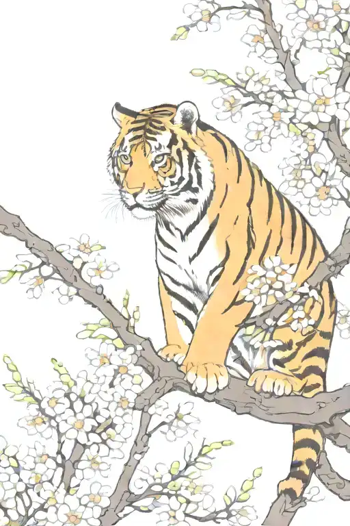 tiger climbing down chewy blossom branch  tattoo design idea