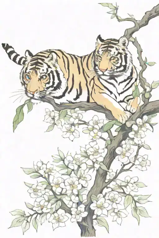 tiger climbing down chewy blossom branch  tattoo design idea