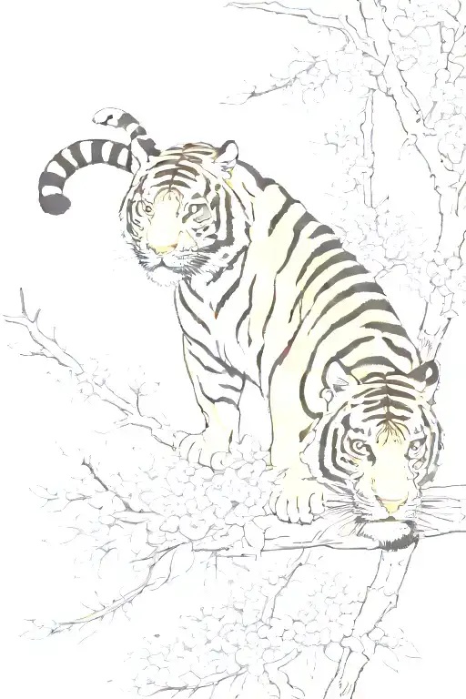 tiger climbing  down from the top of blossom branch tattoo design idea