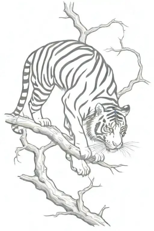 tiger climbing down branch whole body  tattoo design idea