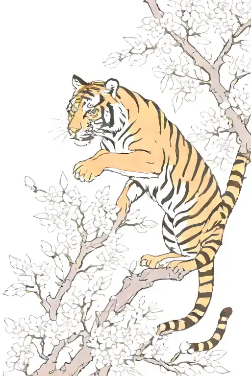 tiger climbing down chewy blossom branch  tattoo design idea