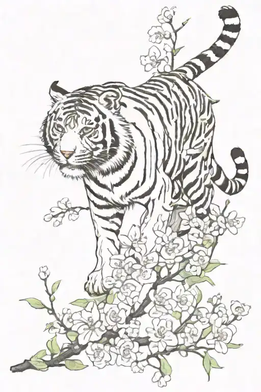 tiger climbing down chewy blossom branch  tattoo design idea
