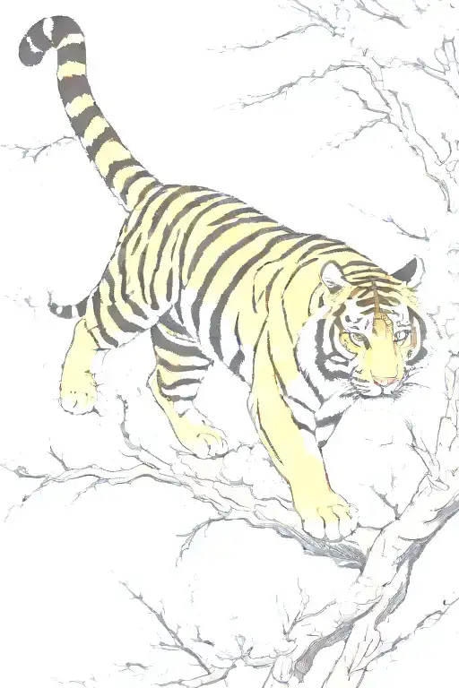 tiger climbing  down from the top of blossom branch tattoo design idea