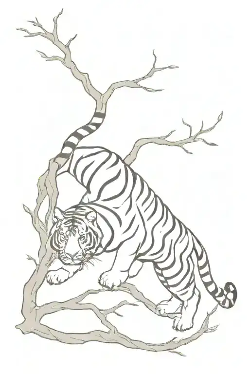 tiger climbing down  branch whole body  tattoo design idea