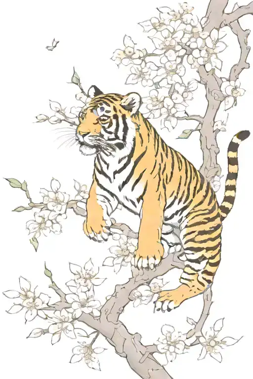 tiger climbing down chewy blossom branch  tattoo design idea