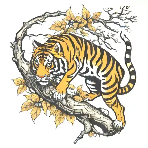 tiger climbing down  branch whole body  tattoo design idea