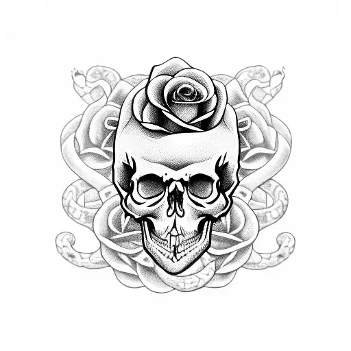 skull with snake looping through thte eyes with roses at the bottom tattoo design idea