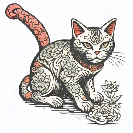 maneki neko with half of the body broken and dirty and the other half clean and shiny with aura of light rays tattoo design idea