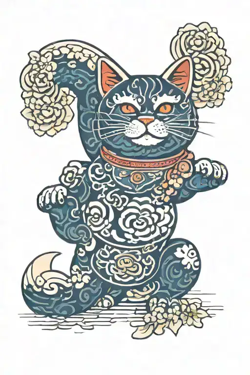 maneki neko with middle body dirty and broken and the other half clean and luminous tattoo design idea