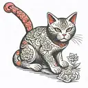 maneki neko with half of the body broken and dirty and the other half clean and shiny with aura of light rays tattoo design idea