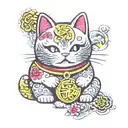 maneki neko with half of the body broken and dirty and the other half clean and shiny with aura of light rays tattoo design idea