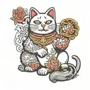 maneki neko with half of the body broken and dirty and the other half clean and shiny with aura of light rays tattoo design idea