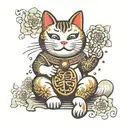 maneki neko with half of the body broken and dirty and the other half clean and shiny with aura of light rays tattoo design idea